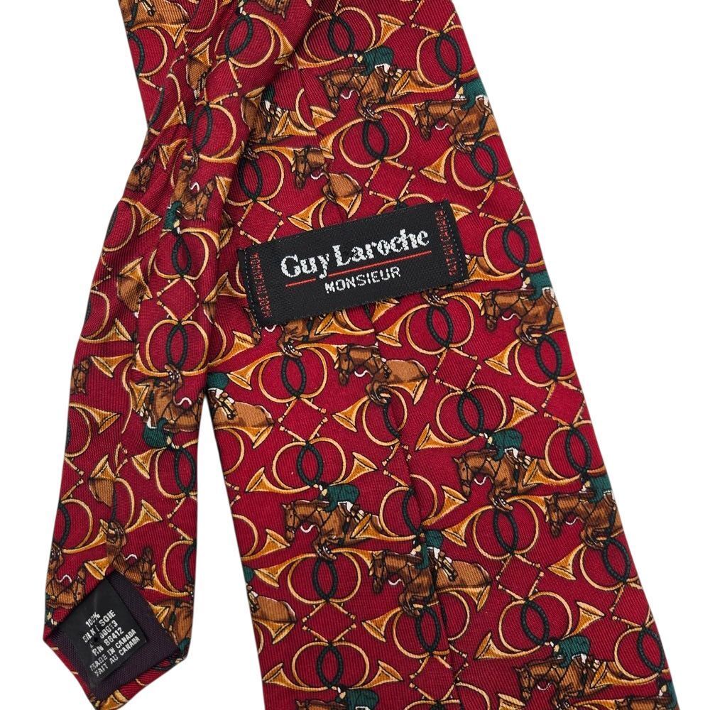 Guy Laroche‎ Silk Necktie Horse Equestrian Print Burgundy Red Mens 58x4 Tie